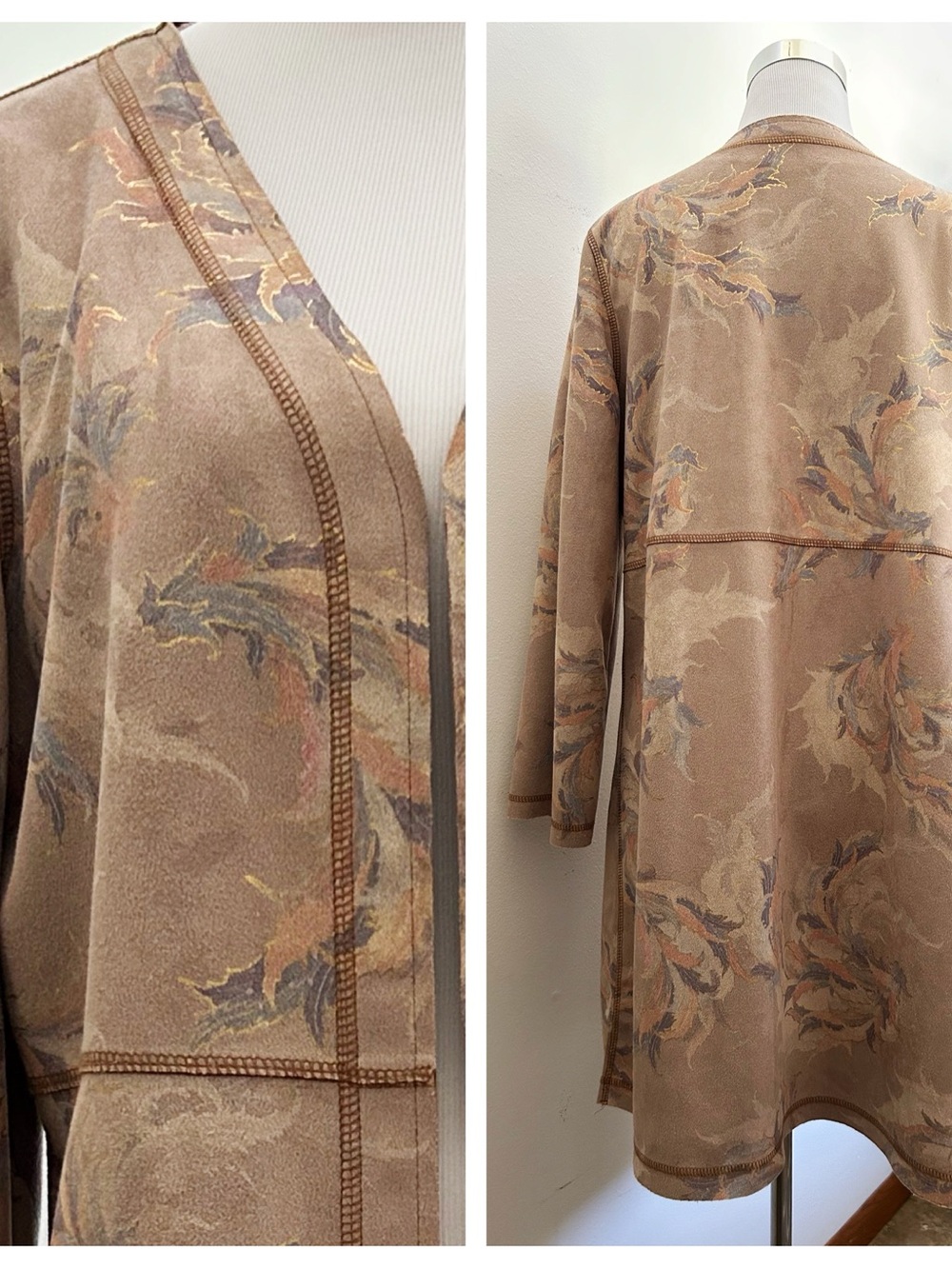 Solitaire Floral Faux Suede Longline Jacket Cardigan Duster – Boho Vintage